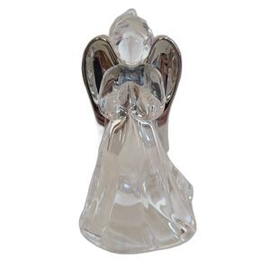 Vintage Clear Acrylic Praying Angel Ornament Silver Toned Wings Holiday Decor